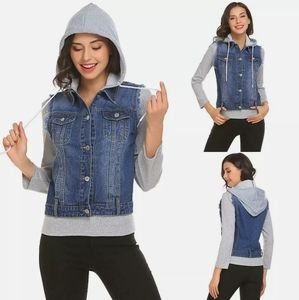 Distressed Denim Vest With Black Jersey Hood EUC
